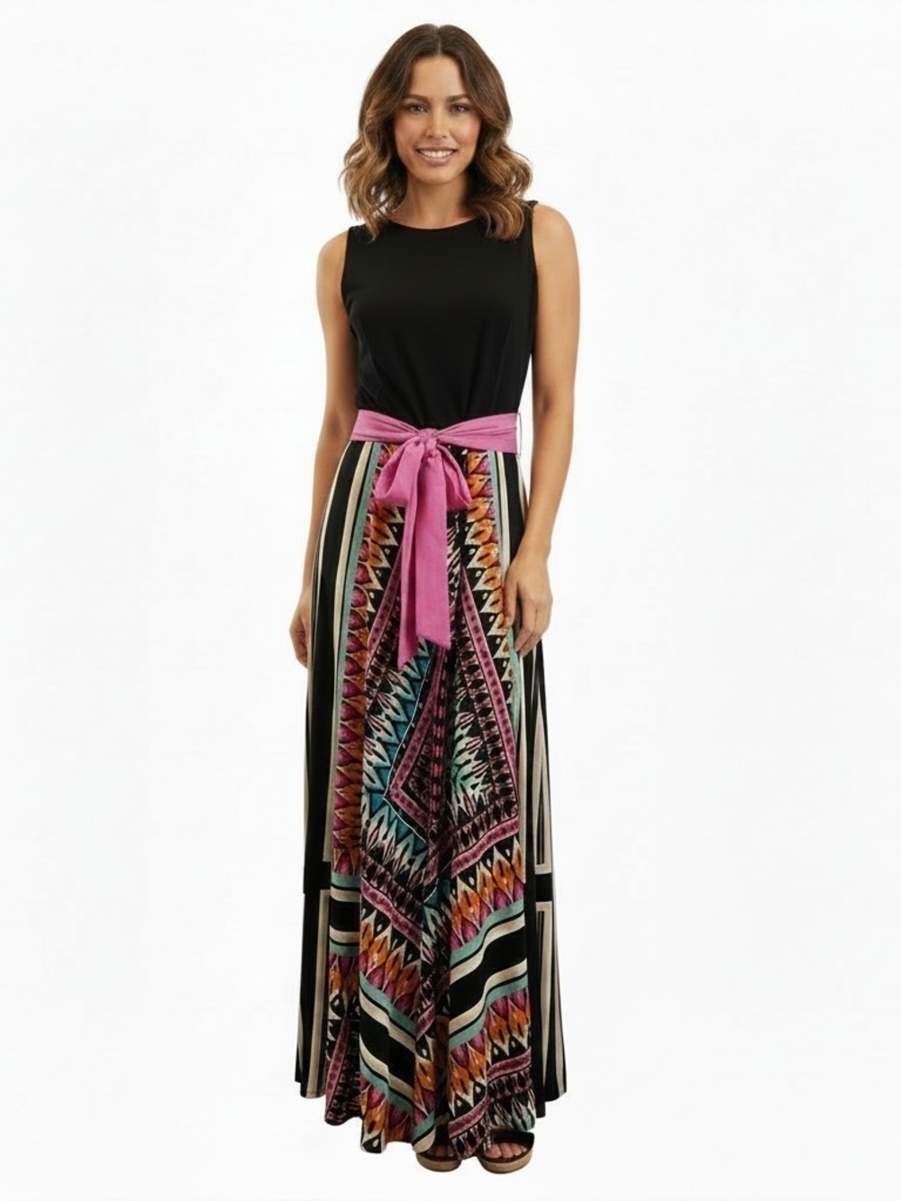 Eliza J Scarf Print Mixed Media Geomatric Boho Maxi Dress Pink Sash Size 14